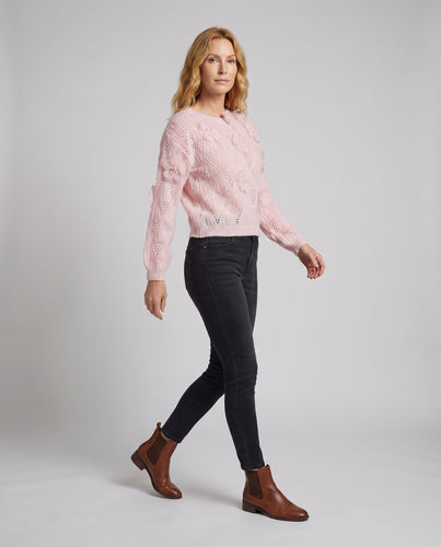 Damen Strick-Pullover Blütenapplikationen Perlendetails Verspielt