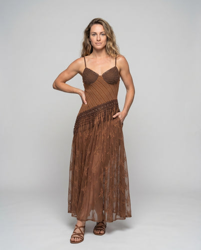 Damen Boho-Maxikleid Gehäkeltes Mieder Spitzenbesatz