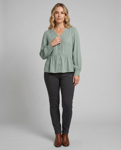Damen Chiffonbluse Perlenknopfleiste Geraffte Ärmel V-Ausschnitt