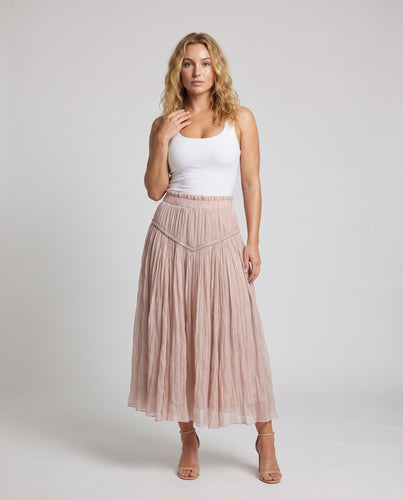 Damen Plissee Chiffon Maxirock Geflochtene Passe Elastikbund