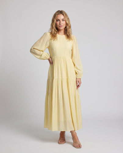 Damen Maxikleid Geraffte Taille Stufenrock Ballonärmel