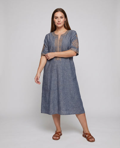 Damen Midikleid Bestickte Tunika-Blende 3/4-Arm Leger