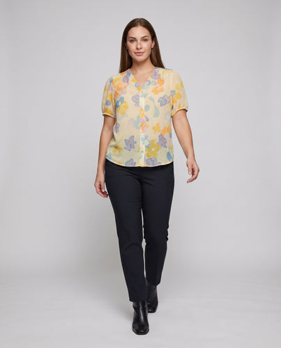 Damen Chiffonbluse Knopfleiste Puffärmel V-Ausschnitt