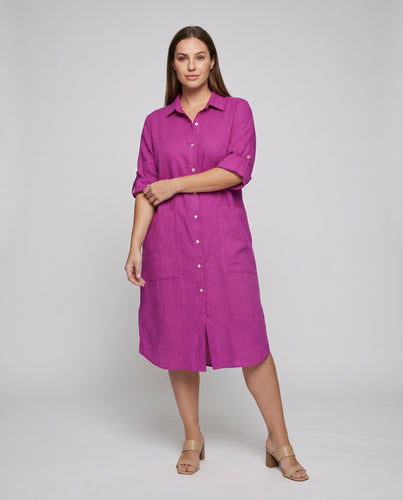 Damen Leinen-Hemdblusenkleid Seitenschlitz Aufgesetzte Taschen Locker