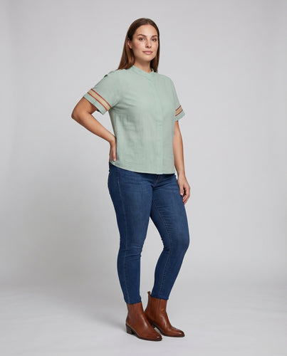 Damen Kurzarmbluse Leinenlook Stehkragen Zierstreifen