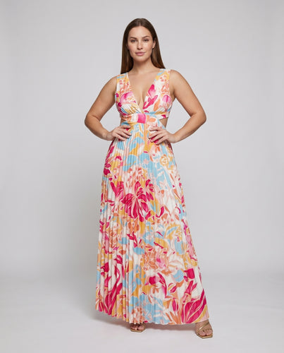 Damen Plissee Maxikleid Tiefer Ausschnitt Beinschlitz