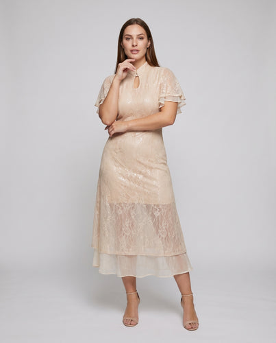 Damen Spitzenkleid Stehkragen Flügelärmel Retrostil