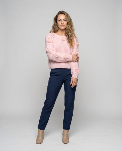Damen Mohair-Pullover Rosen-Applikationen Inklusive Strickmütze