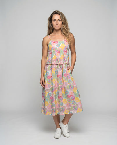 Damen Baumwoll-Leinen-Set Spaghettiträger-Top Midirock Zweiteilig