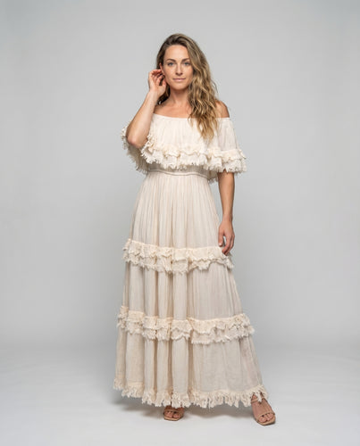 Damen Boho-Maxikleid Carmen-Ausschnitt Stufenrüschen