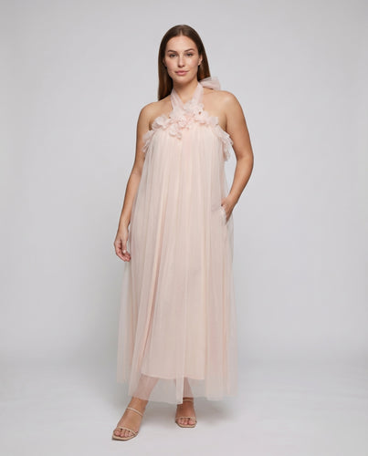 Damen Neckholder-Maxikleid Rüschenblüten A-Linie Chiffon
