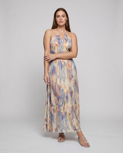 Damen Maxikleid Marmorierter Print Gerafftes Bustier Halterkragen