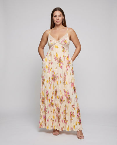 Damen Maxikleid Spitzenbustier Plissee Spaghettiträger