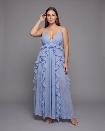 Damen Maxikleid Rüschenbesatz Spaghettiträger Fließend