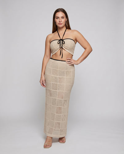 Damen Strand-Set Bandeau-Croptop Midirock Gehäkelt