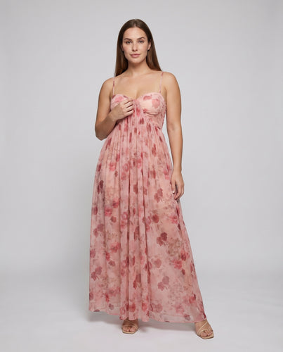 Damen Chiffon-Maxikleid Corsagenoberteil Florale Transparenz
