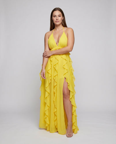 Damen Chiffon-Maxikleid Rüschenbesatz V-Ausschnitt Luftig
