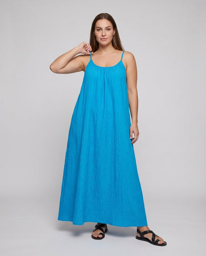 Damen Maxikleid Stufenrock Faltenoptik Spaghettiträger
