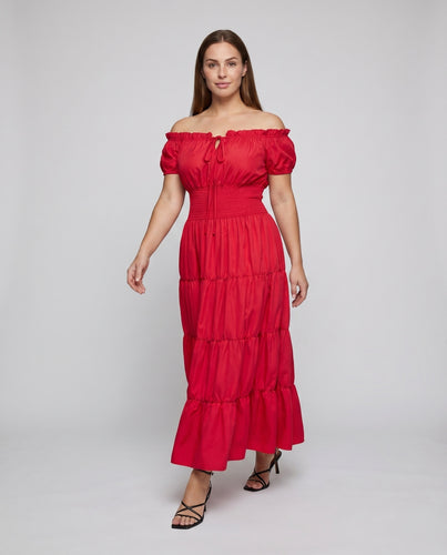 Damen Maxikleid Smokbund Stufenrock Carmen-Ausschnitt