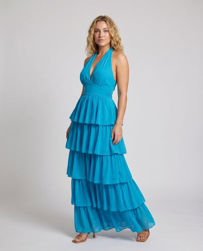 Damen Maxikleid Wickeleffekt Tiefer V-Ausschnitt Mehrlagig