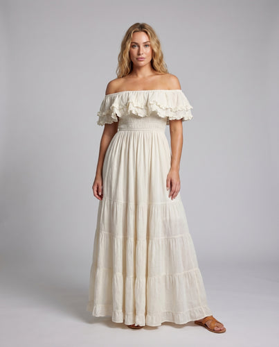Damen Off-Shoulder Maxikleid Smokoberteil Stufenrock Volantkragen