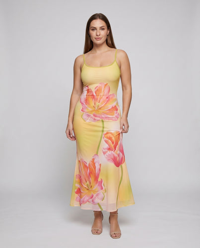 Damen Jersey-Midikleid Großer Blumenprint Spaghettiträger Tailliert