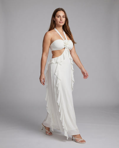 Damen Maxikleid Halteroberteil Wickelrüschen Elegant