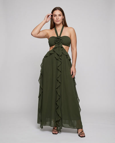 Damen Maxikleid Wickeloberteil Volantrock Rückenfrei