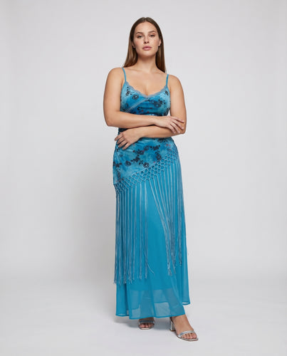 Damen Maxikleid Spitzenoberteil Fransenbesatz Spaghettiträger