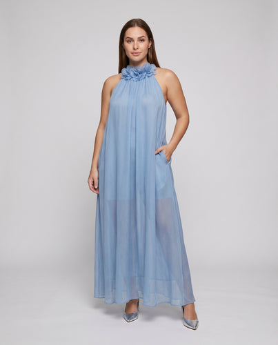 Damen Maxikleid Stufenrock Baumwollgaze Halterhals