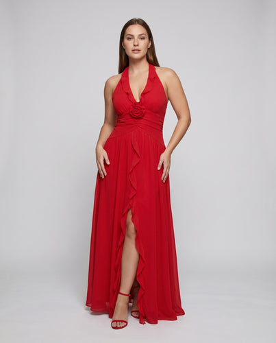 Damen Maxikleid Halterverschluss Zweilagiger Chiffonrock Rückenfrei