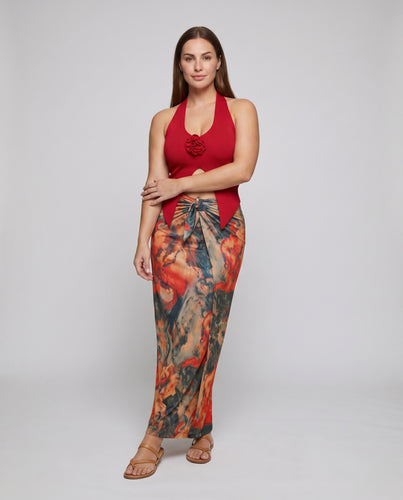Damen Neckholder-Top-Set Wickel-Maxirock Abstrakter Print