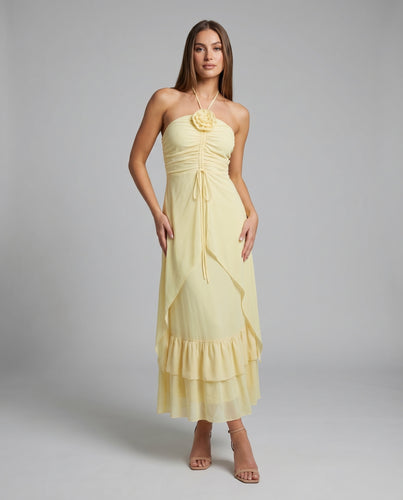 Damen Chiffon-Halterkleid Stufenrock Blütenapplikation Luftig
