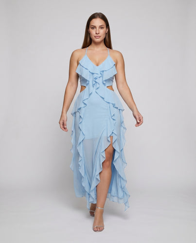 Damen Chiffon-Maxikleid Rüschendrapierung Beinschlitz Cutouts