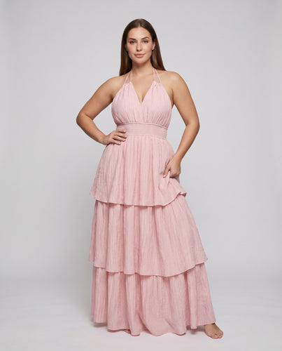 Damen Maxikleid Geraffter Taillenbund Stufenrock Halterhals