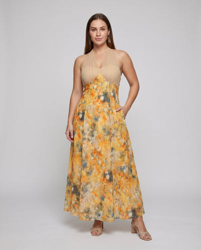 Damen Maxikleid Geraffte Brustpartie Chiffonrock Neckholder