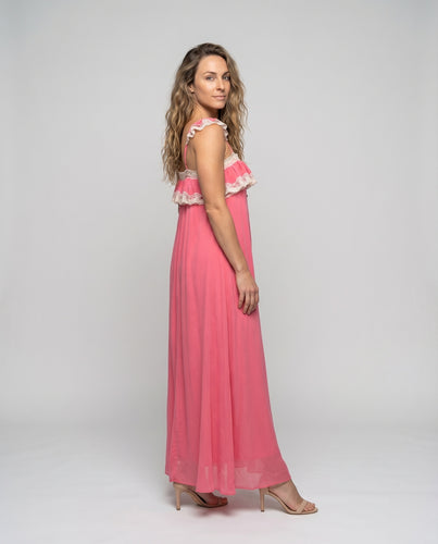 Damen Maxikleid Spitzenbesatz Spaghettiträger Luftig