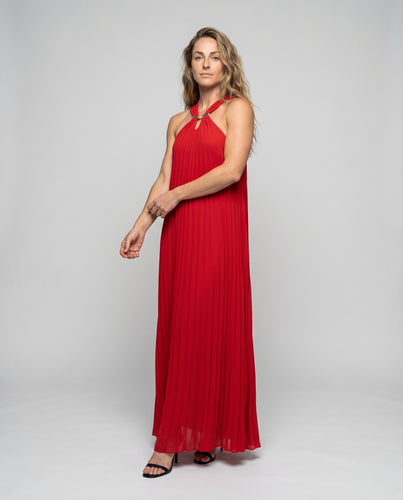 Damen Plissiertes Maxikleid Elegant Halterhals Luftig