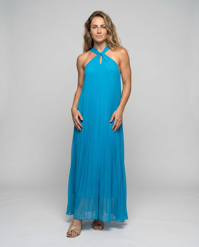 Damen Plissiertes Maxikleid Gekreuzter Neckholder Chiffon