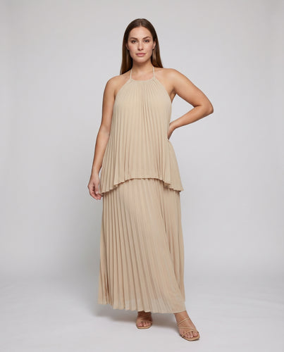 Damen Plissiertes Maxikleid Fließende Lagen Neckholder