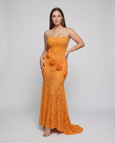 Damen Spitzen-Abendkleid Korsett-Bustier Rosenapplikationen Trägerlos