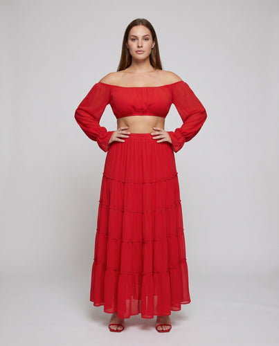 Damen Boho Maxikleid Carmen-Ausschnitt Puffärmel Zweiteilig