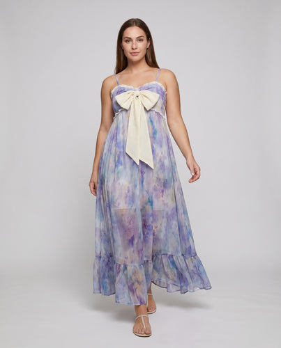 Damen Aquarellmuster-Maxikleid Zierschleife Empire-Schnitt Zarte Träger