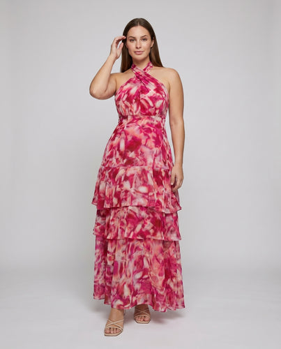 Damen Volant-Maxikleid Stufenrock Spaghettiträger Ärmellos