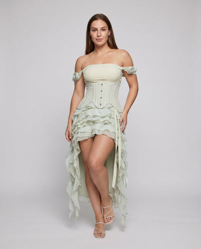 Damen Midaxi-Kleid Korsett-Taille Volant-Schwung Asymmetrisch