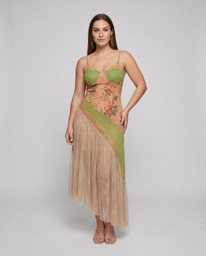 Damen Corsagenkleid Patchwork Plissierter Tüllvolant Asymmetrisch