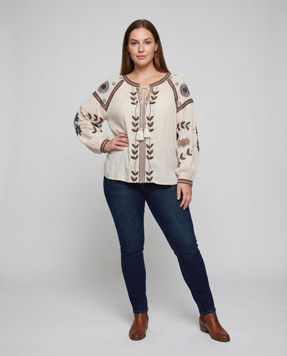 Damen Boho-Bluse Quasten-Halsband Ballonärmel Bestickt
