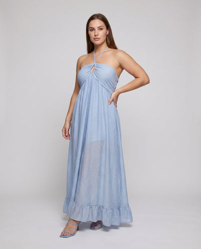 Damen Neckholder-Strandkleid Baumwollvoile Volantrock Bodenlang