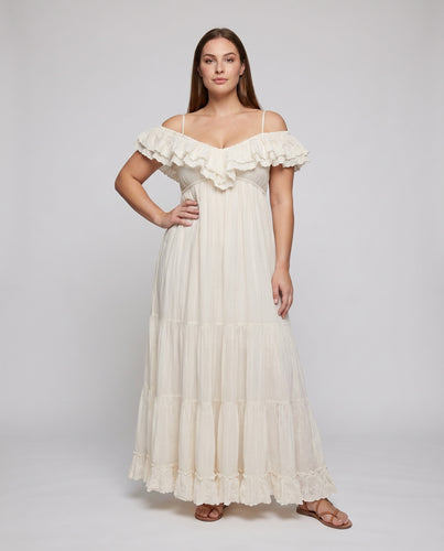 Damen Boho-Maxikleid Gerafftes Oberteil Stufenrock Crinkle-Optik