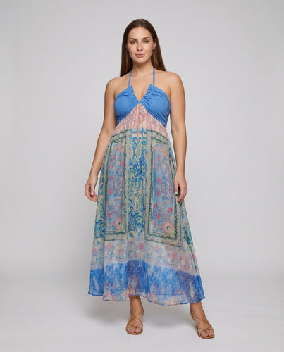 Damen Boho-Maxikleid Empire-Taille Patchwork-Chiffon Neckholder